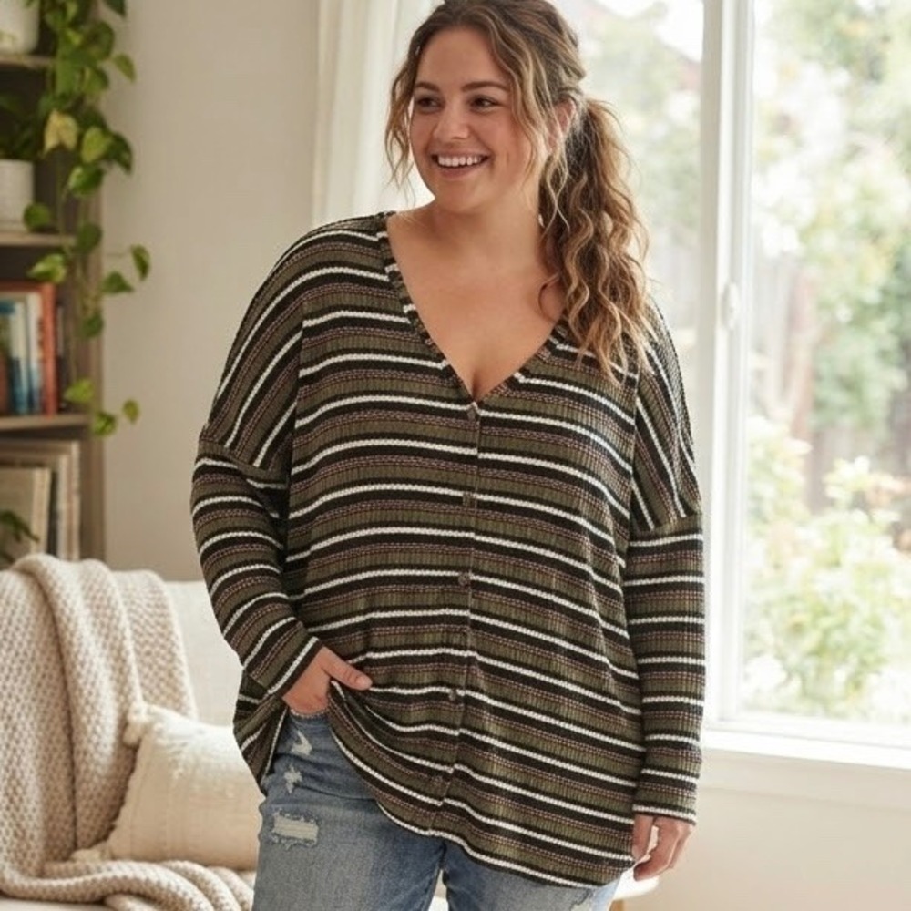 Out From Under Urban Outfitters Waffle Knit Striped Oversized Shirt Green Medium